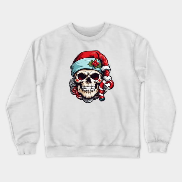 Santa Hat wearing Skull with Candy Canes Crewneck Sweatshirt by Lunarix Designs